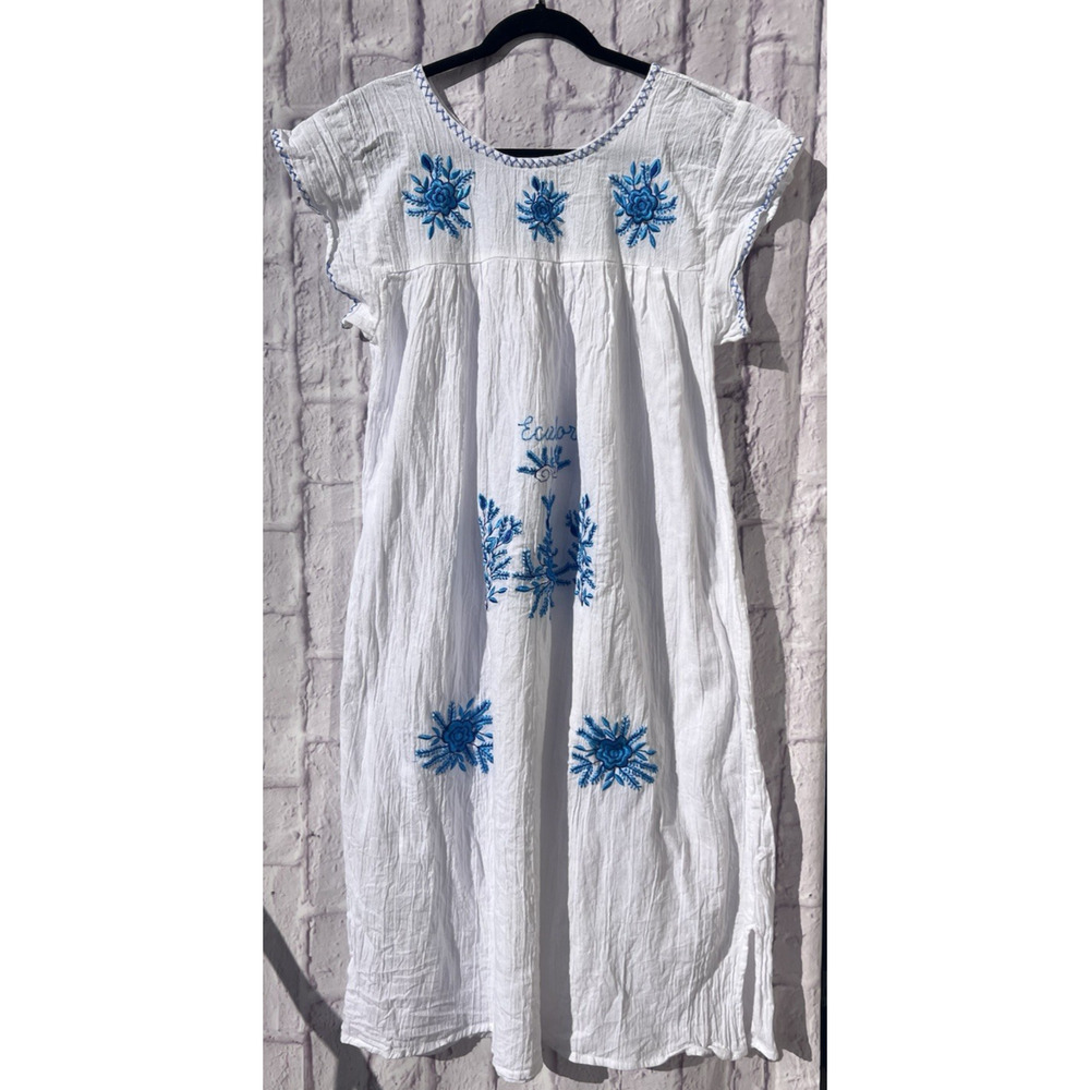Ethnic Boho Peasant Embroidered Floral Gauze Midi Huipil Caftan Dress Ecuador M